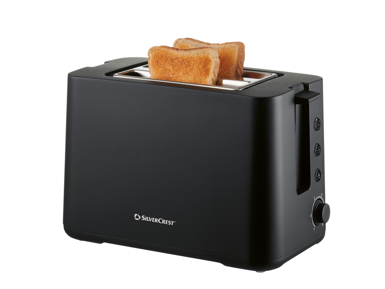 A black SilverCrest toaster with two slices of toast.