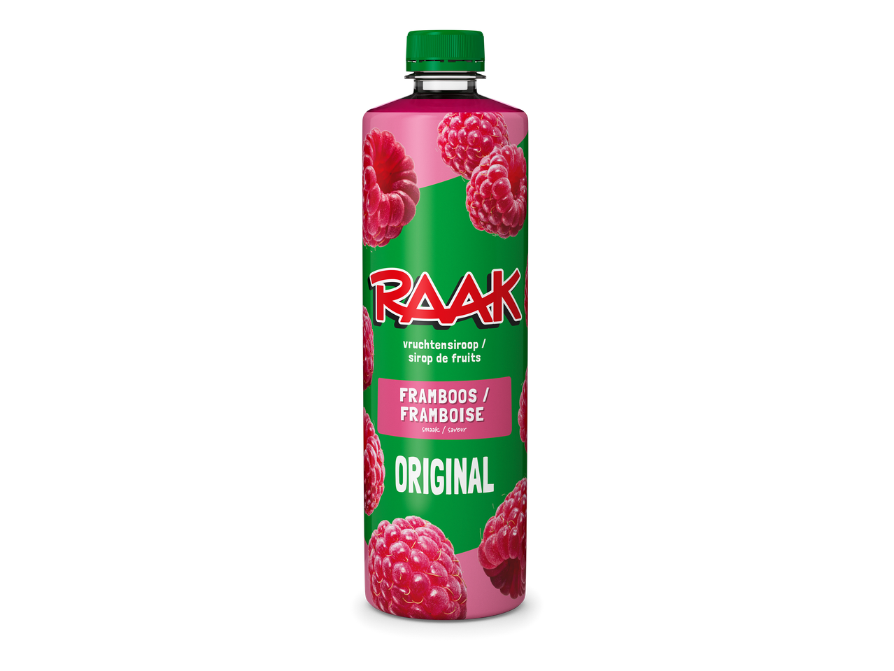 Fles frambozensiroop met groene dop en label, met frambozen afgebeeld.