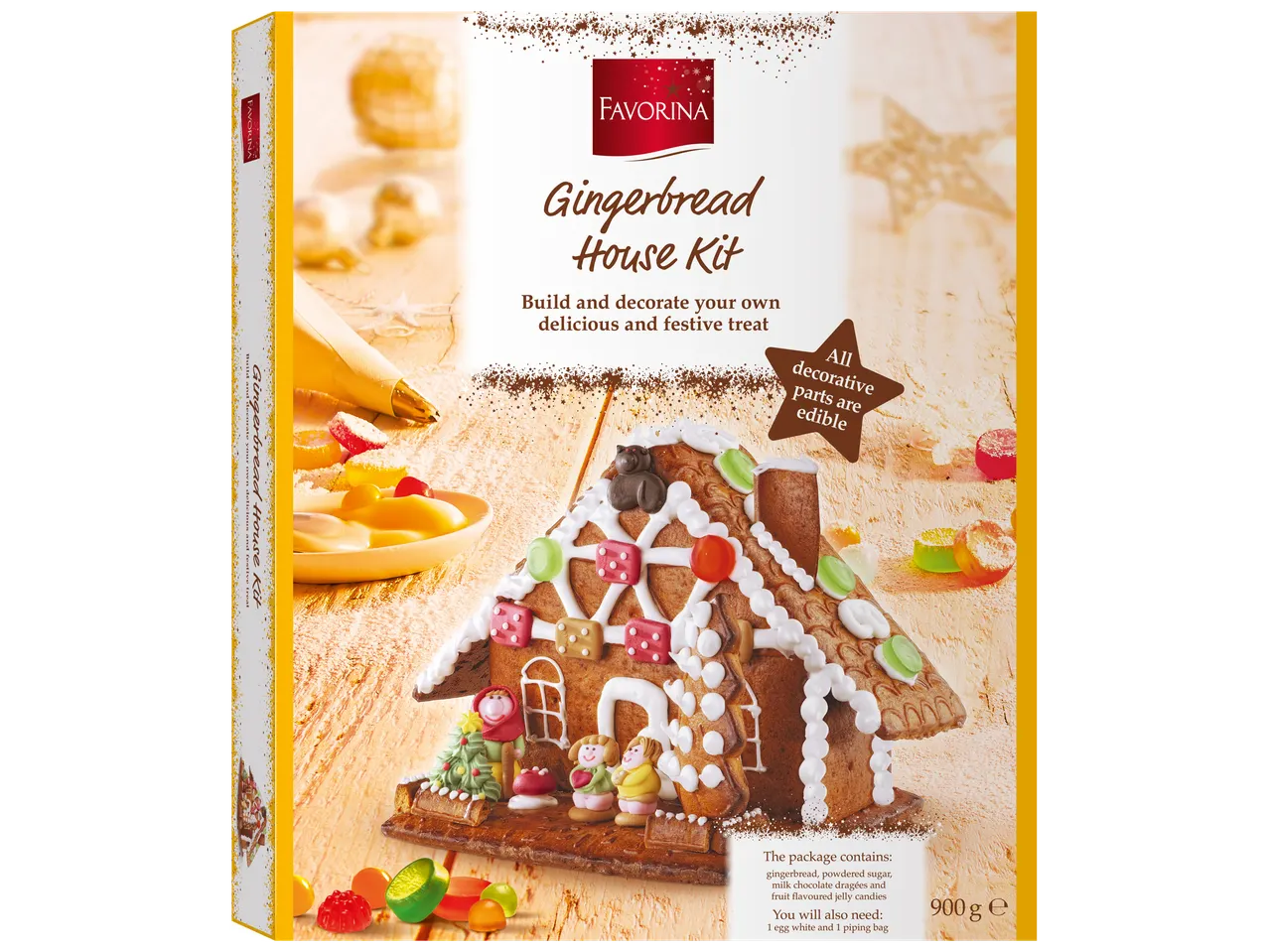Favorina piparkūku mājiņas komplekts ar ēdamām dekorācijām un konfektēm.