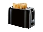 A black toaster with two slices of golden-brown toast sticking out of the top.