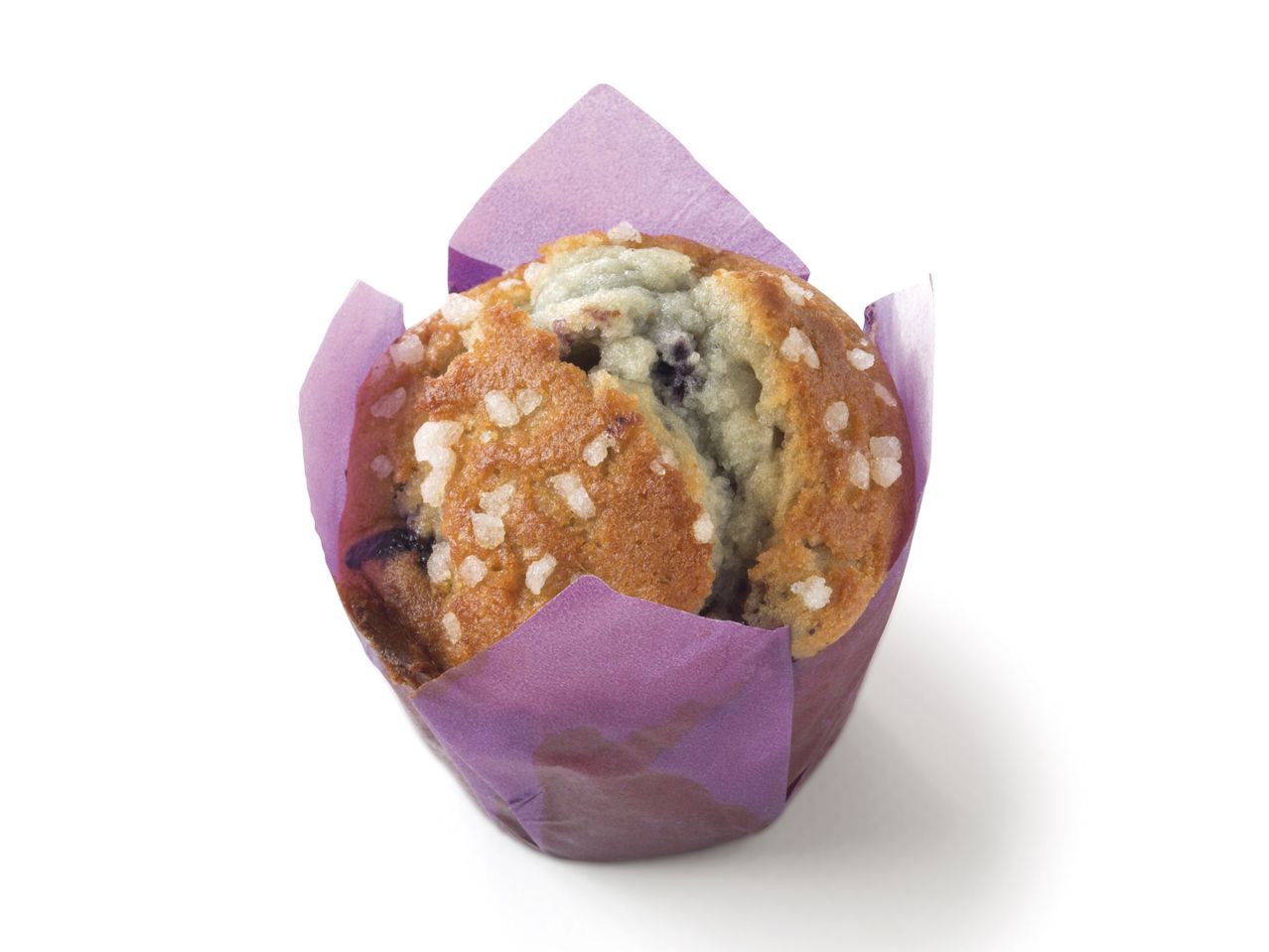 Blueberry muffin with sugar topping in purple liner.