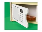 Toy microwave oven with an open door, showing a digital display and buttons.