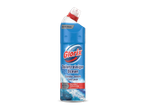Fles blauwe toiletreiniger met opschrift 'Zonder Bleek' en 'Ocean', verwijdert kalkaanslag.