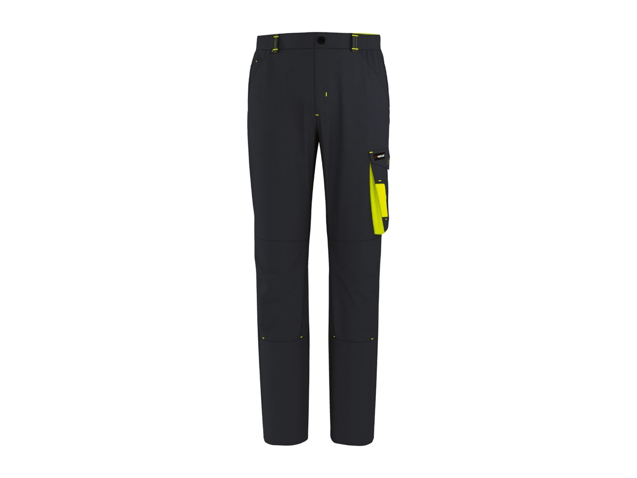 Men's work trousers in dark grey with yellow accents and side pockets.