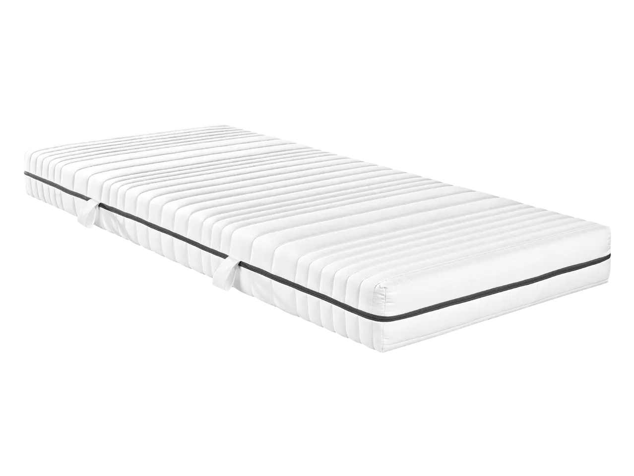 Bijeli madrac s tamnim rubom i ručkama za nošenje.