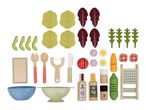 Wooden toy salad set with various vegetables, utensils, and condiments.