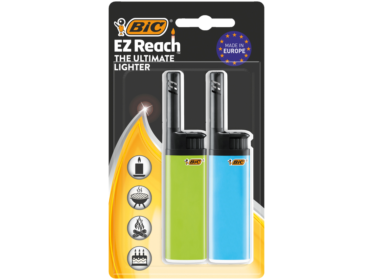 Two BIC EZ Reach lighters, green and blue.