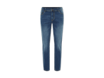 Eine mittelblaue Jeans mit hoher Taille und schmalem Bein.