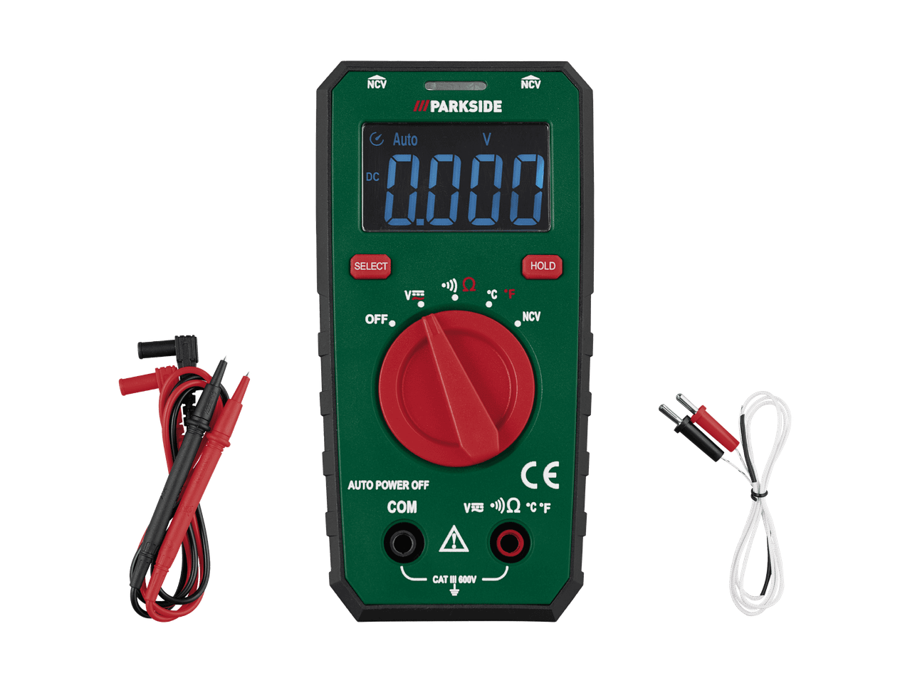 Ein Parkside Digitalmultimeter mit Messleitungen und einem Temperaturfühler.