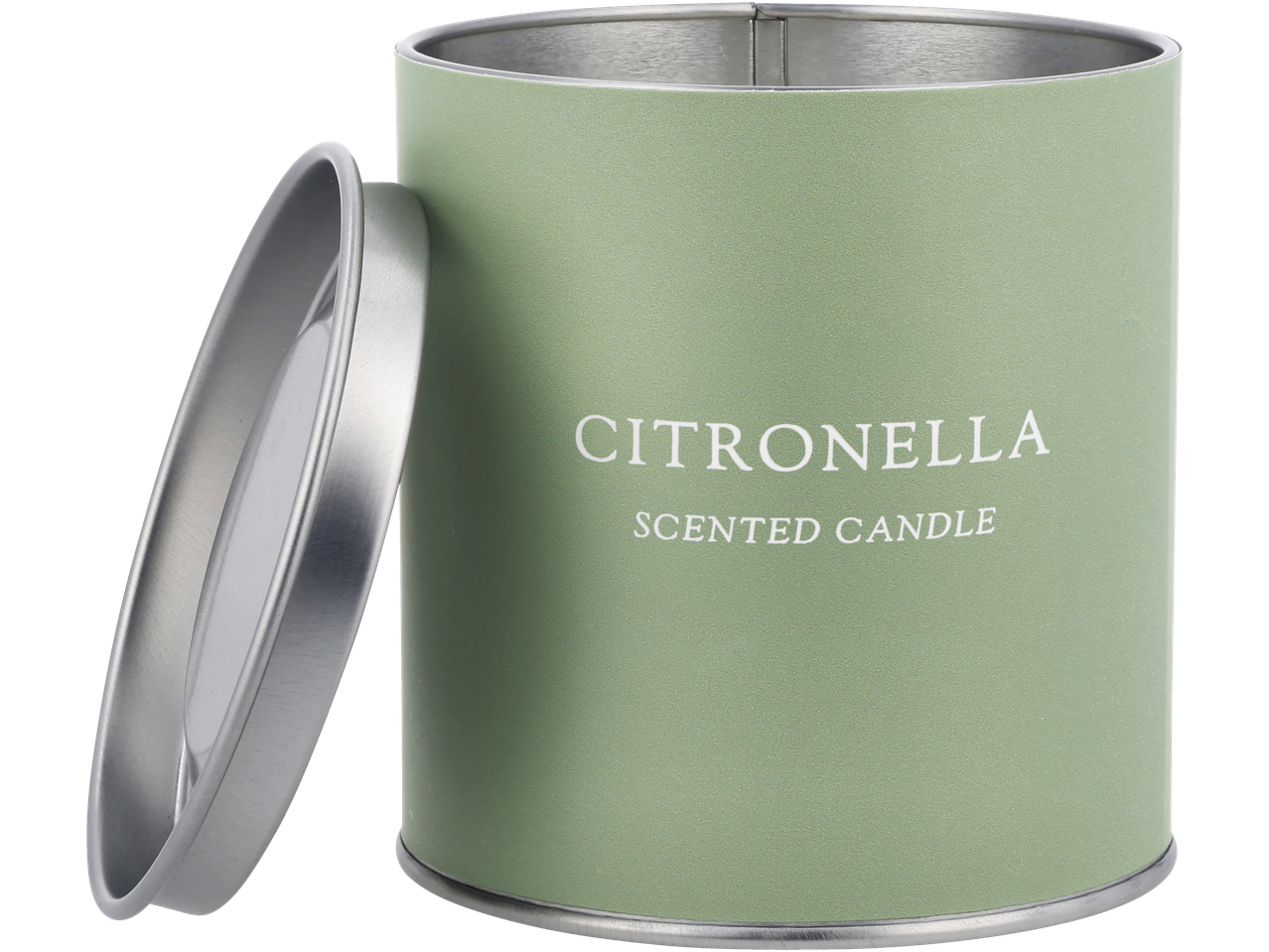 Groene citronella kaars met metalen deksel, tekst 'CITRONELLA SCENTED CANDLE'