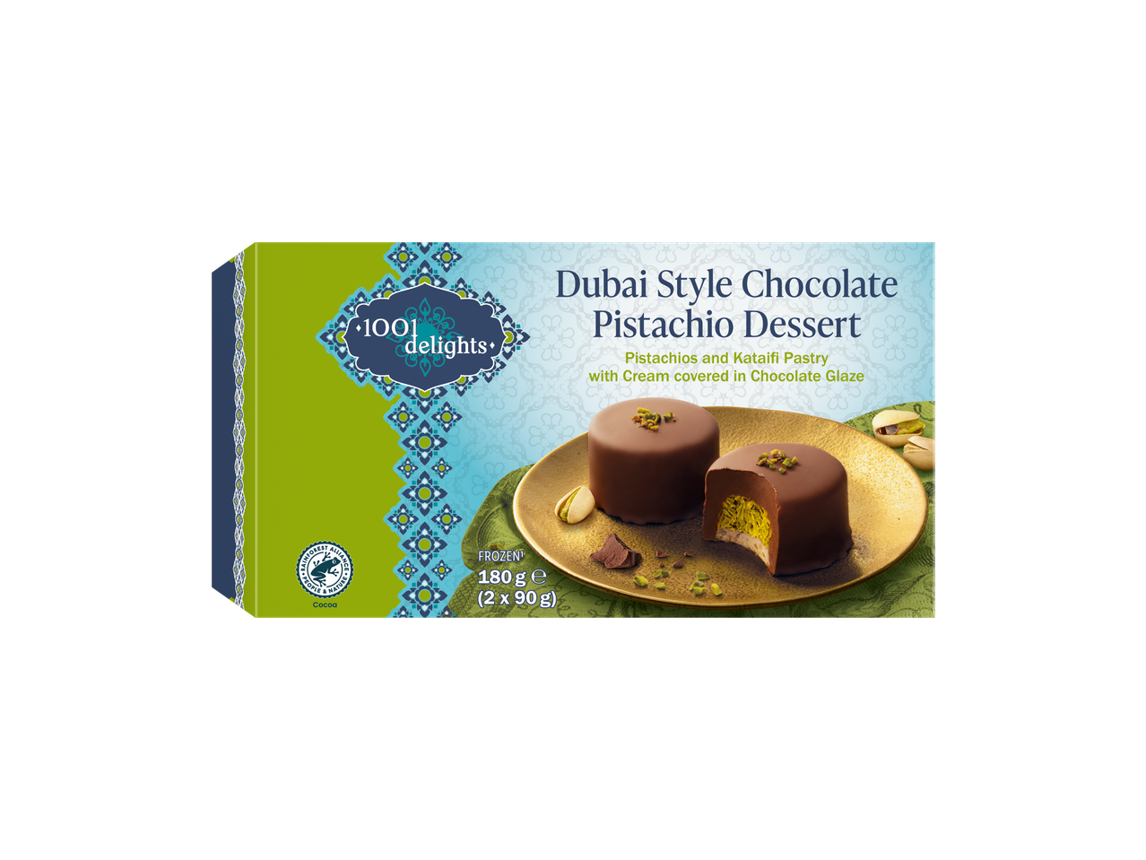 1001 DELIGHTS Dubai Style Chocolate Pistachio Dessert with pistachios and kataifi pastry.
