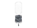 A clear plastic box filled with gray wall plugs, with one plug standing upright below.