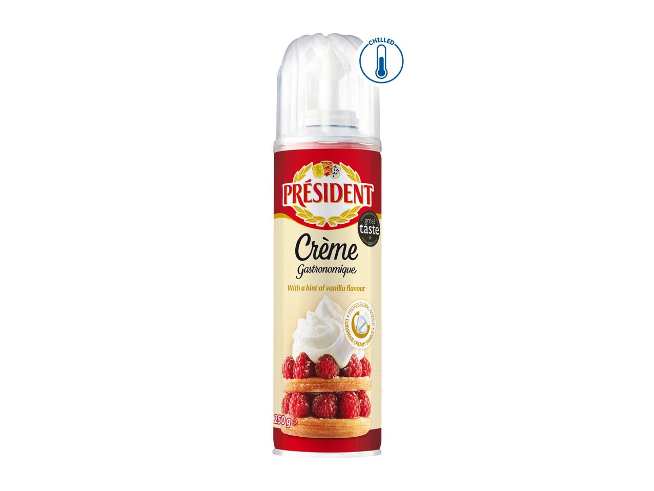 Chilled whipped cream with vanilla flavor, 250g, with a dessert of raspberries and cream.