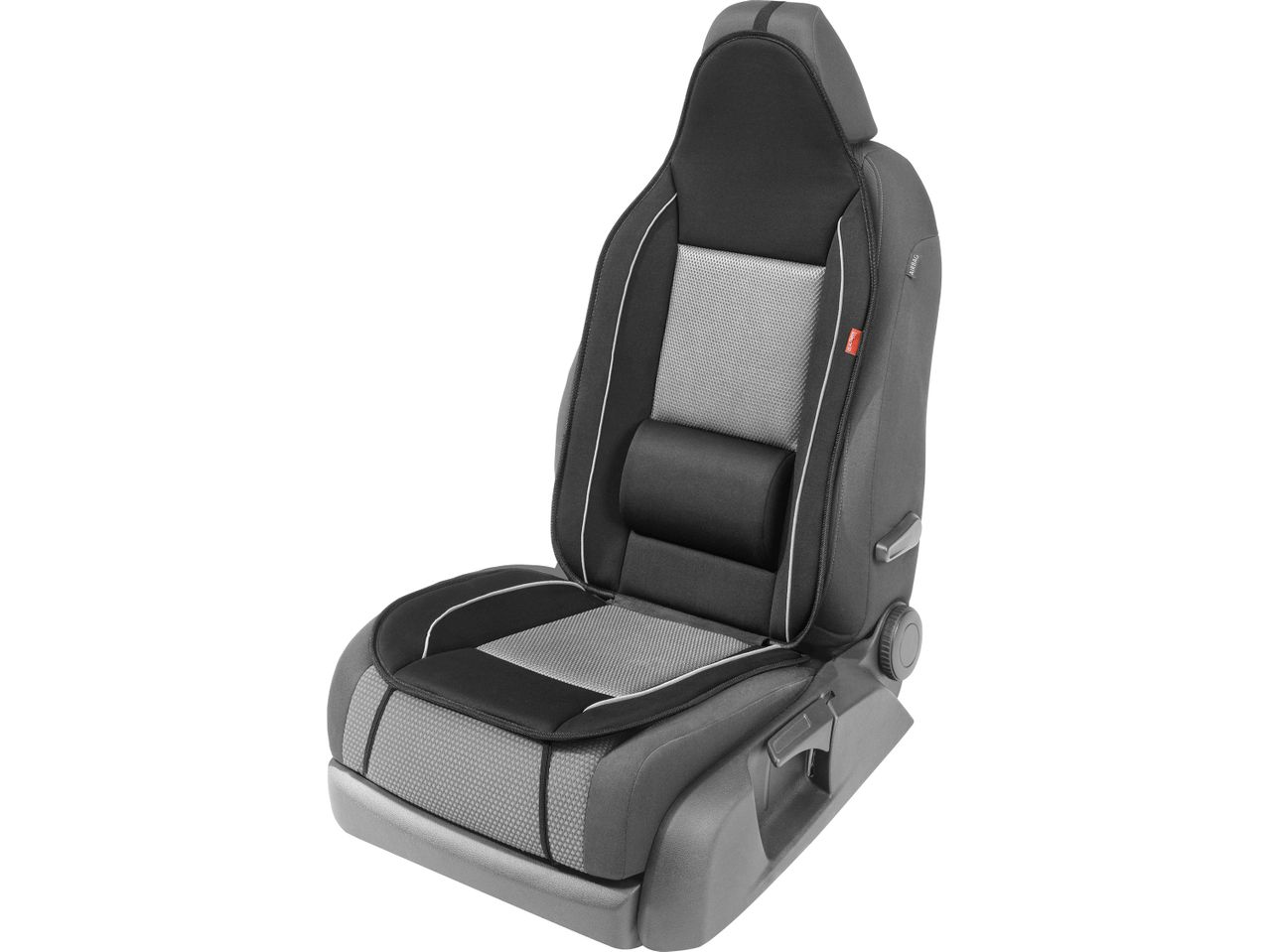Coprisedile auto in tessuto nero e grigio.