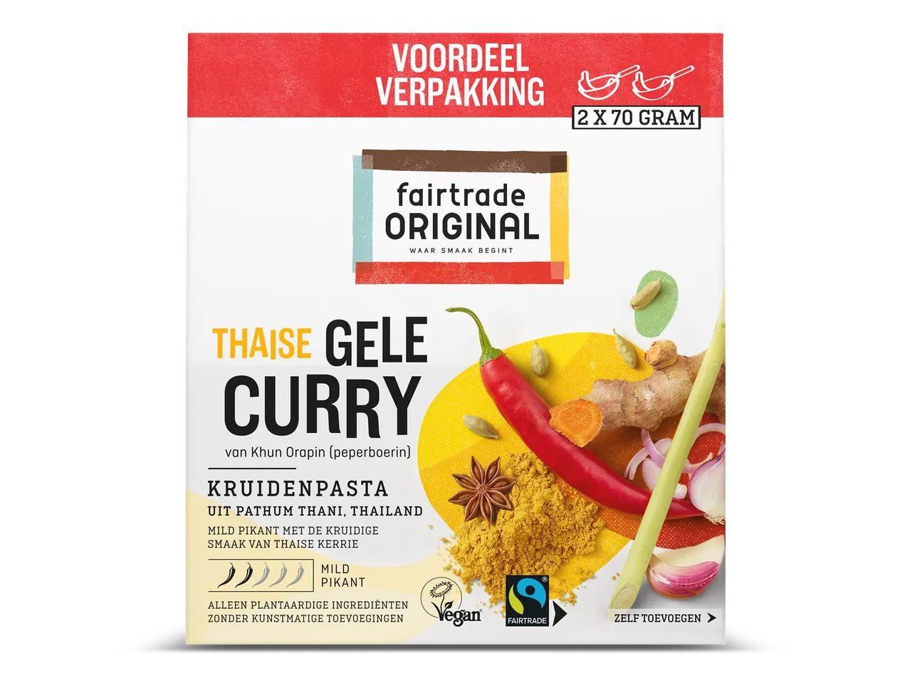 Verpakking Thaise gele curry kruidenpasta met chilipeper, gember, knoflook en steranijs.