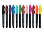 A row of twelve colorful permanent markers with black barrels and matching caps.