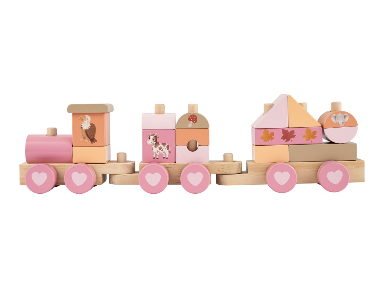 Wooden toy train with animal and nature-themed blocks in pink, orange, and natural wood.