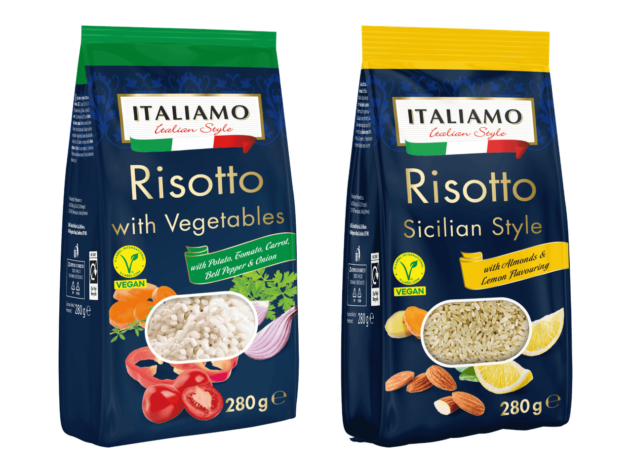 Kaksi pussia Italiamo-risottoa, toinen kasviksilla ja toinen sisilialaisella tyylillä.