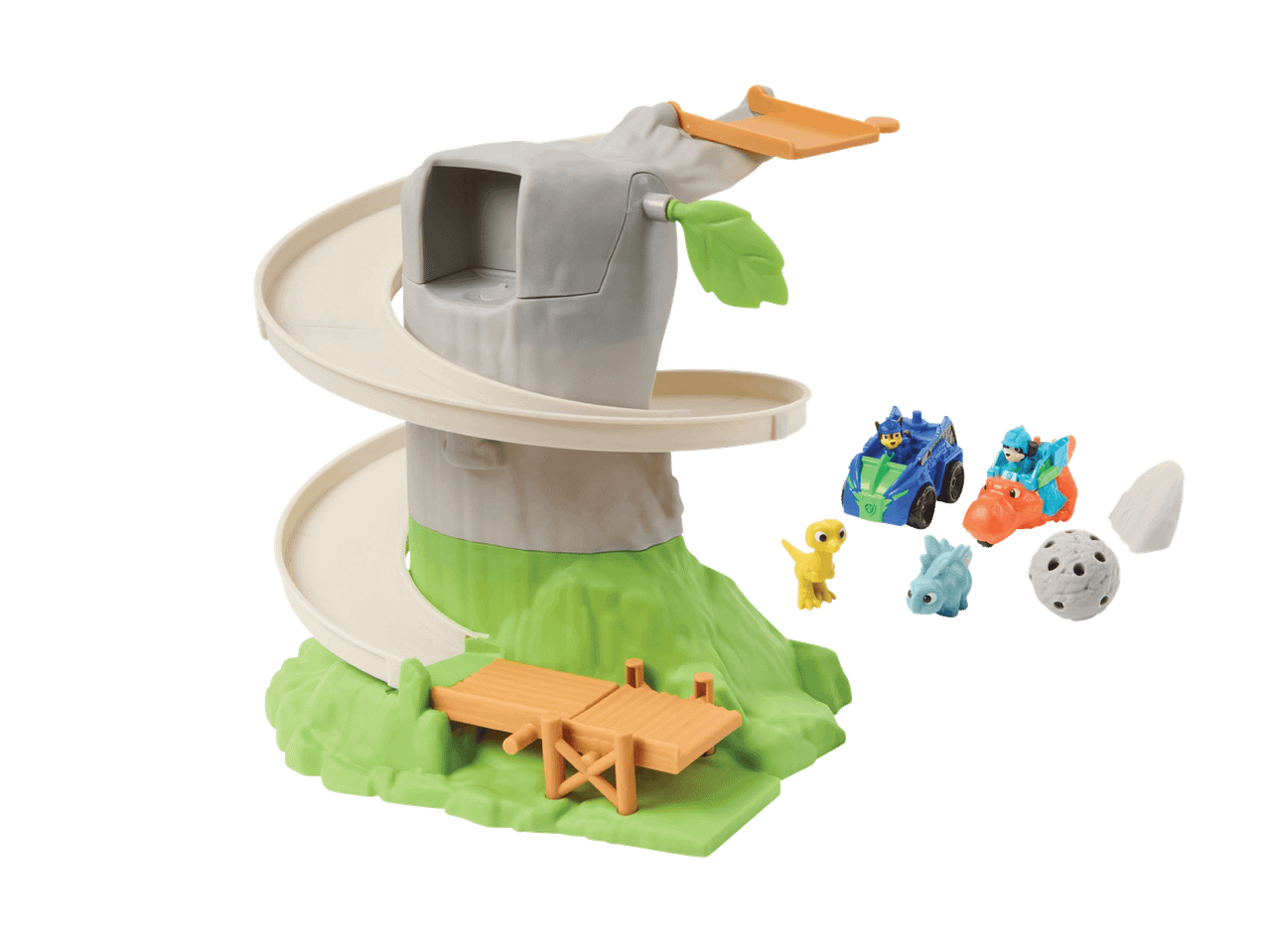 Circuit de course en spirale avec des véhicules et des figurines de dinosaures.