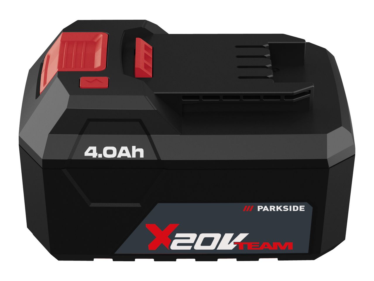 A black power tool battery with red accents, labeled '4.0Ah' and 'X 20V TEAM'.