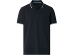 Polo cinzento escuro com riscas brancas e azul claro na gola e nas mangas.