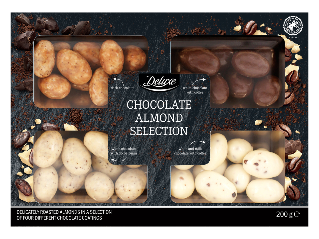 Deluxe šokolādes mandeļu izlase ar četriem dažādiem šokolādes pārklājumiem, 200g.