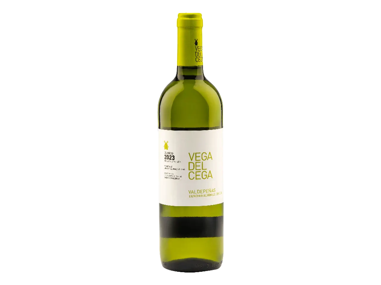 Bela boca vina sa žutom etiketom i čepom, sa tekstom „VEGA DEL CEGA VALDEPEÑAS“.
