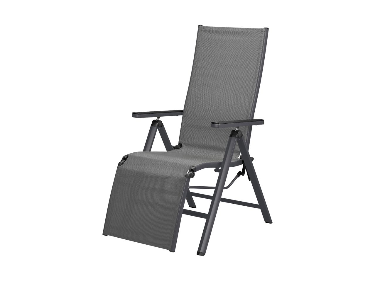 Fauteuil de jardin inclinable gris avec repose-pieds.