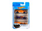 Hot Wheels 3-pack of toy cars, featuring orange and blue race cars in a clear plastic package.