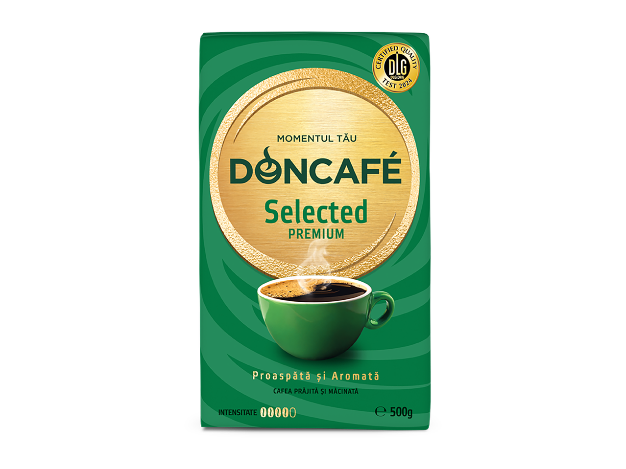 Pachet verde de cafea măcinată premium, cu o ceașcă de cafea aburindă și text auriu.