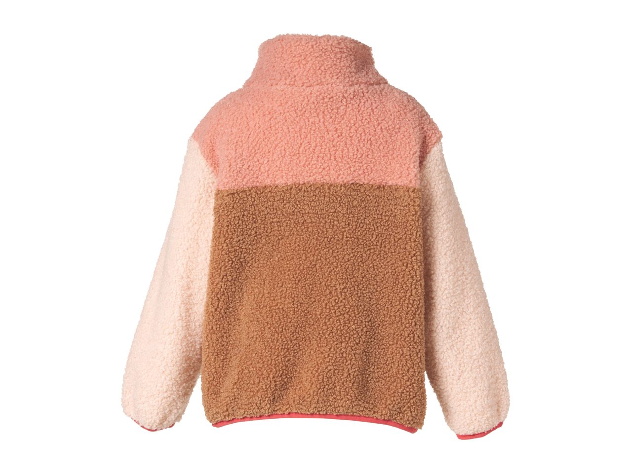Color block teddy fleece pullover in pink, brown, and cream with a high neck.