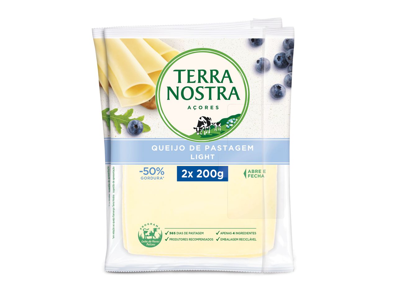 Queijo Terra Nostra Fatias Light com -50% gordura, embalagem 2x200g.