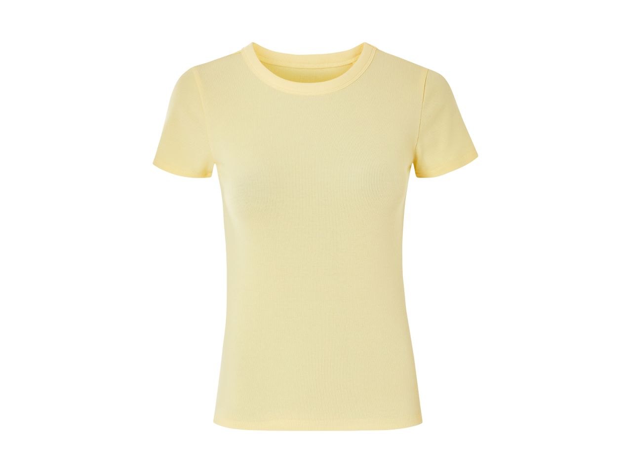 Gul ribstrikket T-shirt med korte ærmer og rund halsudskæring.