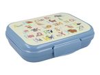 A light blue plastic lunchbox with a whimsical animal print.