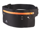 Black running belt with an orange zipper, phone and key icons, and a reflective dot.