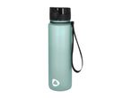 Light blue water bottle with a black lid and a black carrying strap.