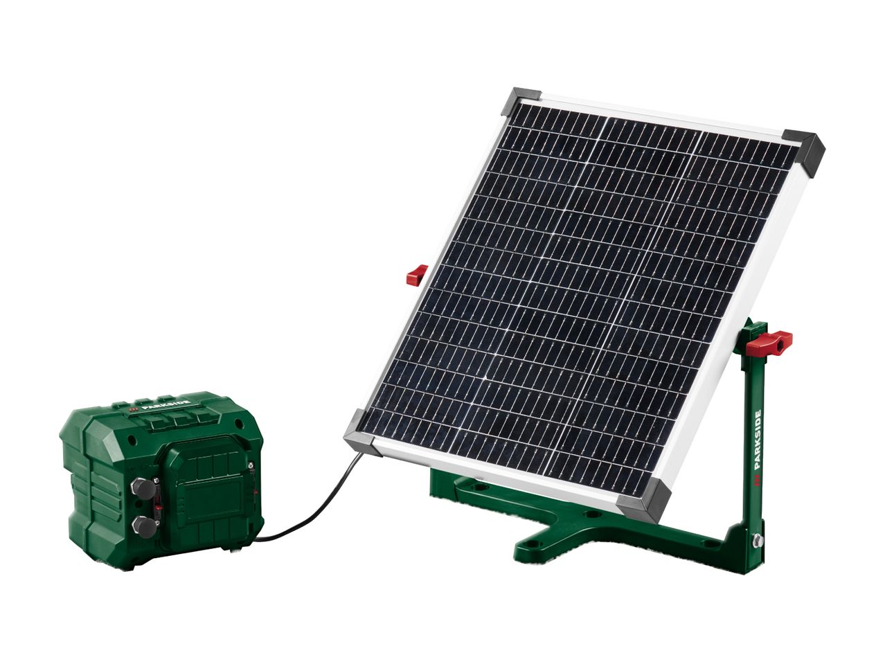 Portable solar panel with a green power station, connected by a black cable.