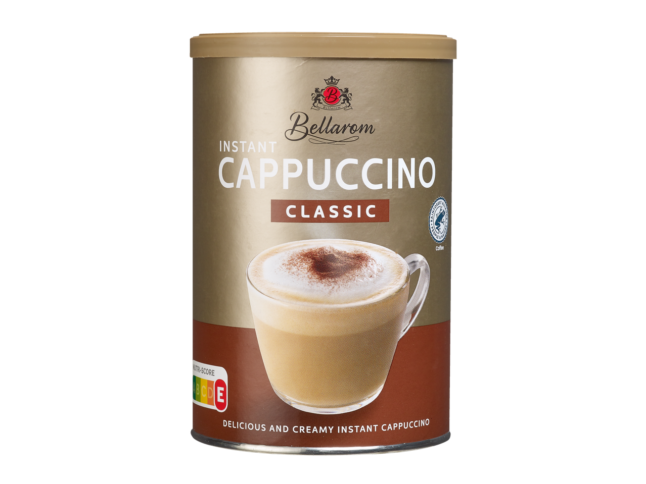 Bellarom Cappuccino Instant Classique dans un contenant doré et marron avec une tasse de cappuccino.