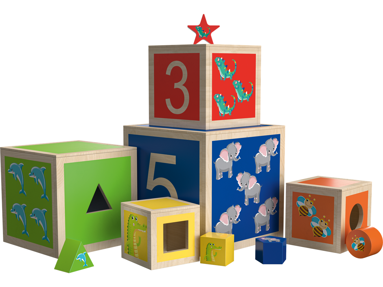 Wooden building blocks for kids featuring animals and numbers.