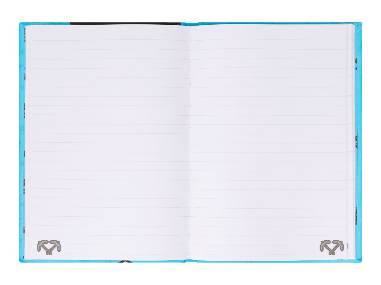 Open lined notebook with a blue cover and pixelated pickaxe icons on the bottom corners.