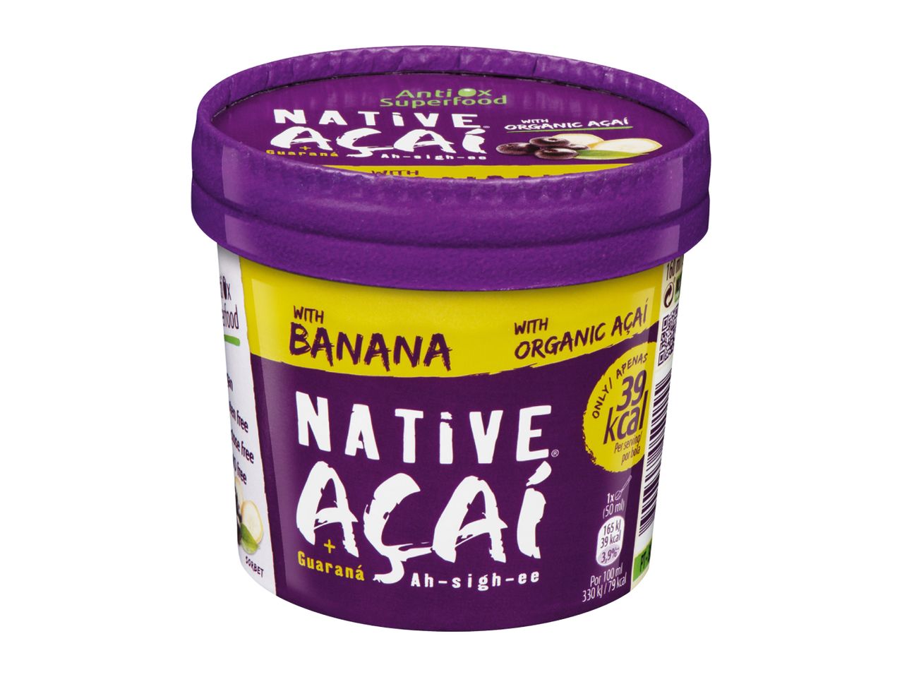 Açaí sorbet with banana and organic açaí, 39 kcal per serving, in a purple and yellow tub.