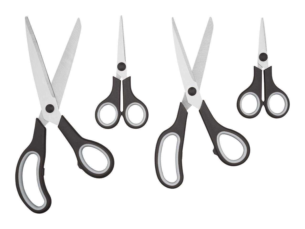 Four pairs of black and grey scissors in different sizes on a white background.