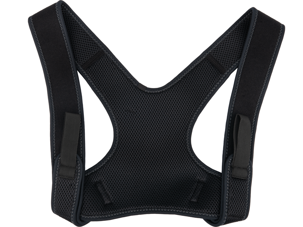 Black posture corrector with mesh fabric and adjustable straps.