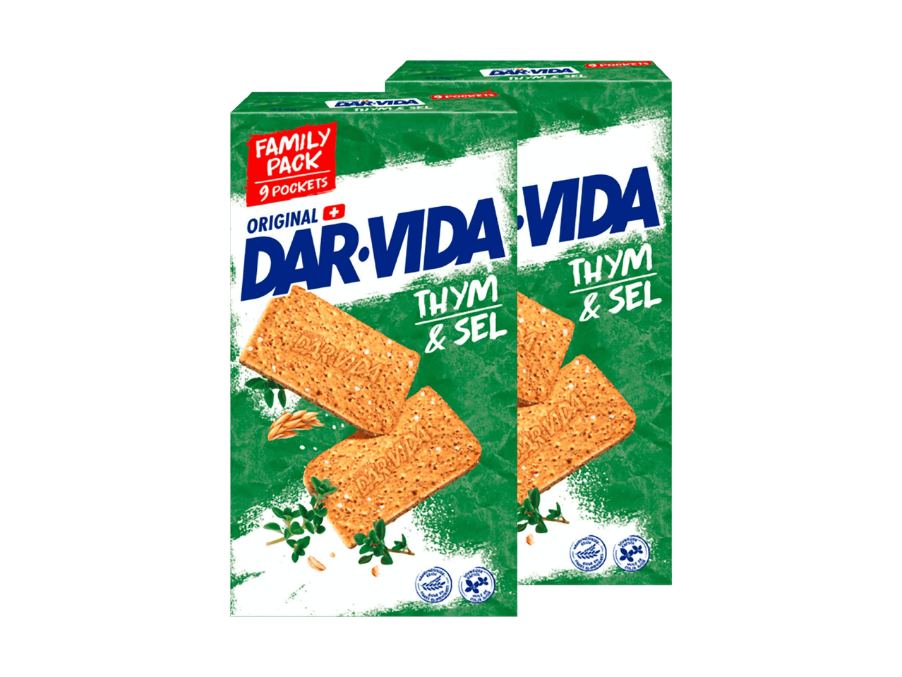 Zwei Packungen Cracker mit Thymian und Salz, Familienpackung mit 9 Portionen.