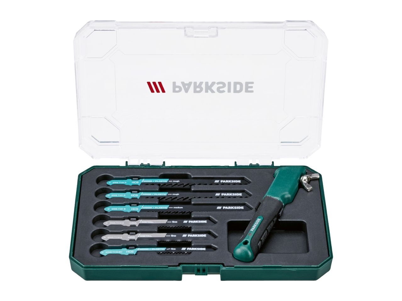 Jigsaw blade set with various blades for wood, plastic, and metal, and a jigsaw handle in a case.