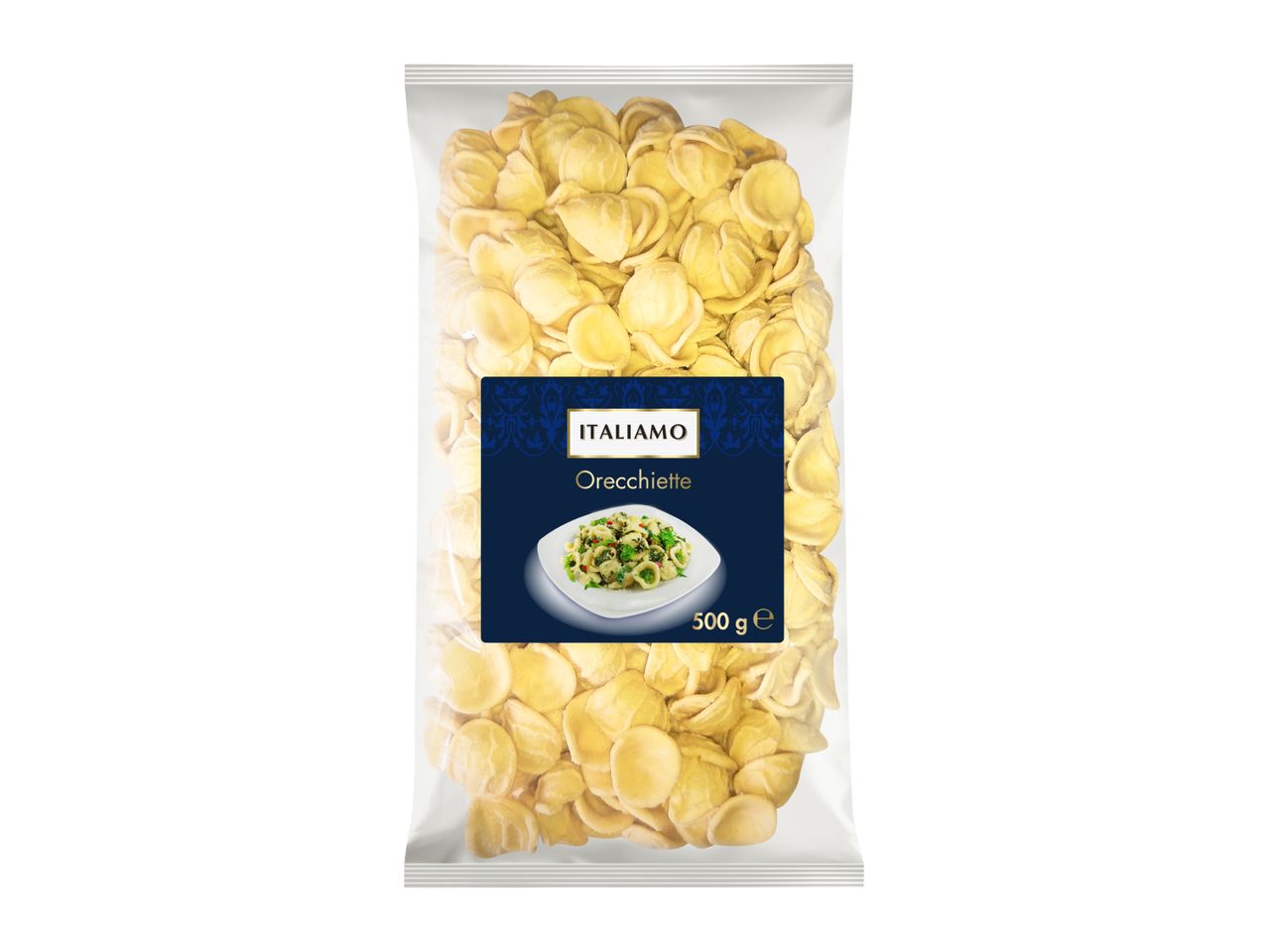 A clear plastic bag of orecchiette pasta with a blue label showing a pasta dish, 500g.