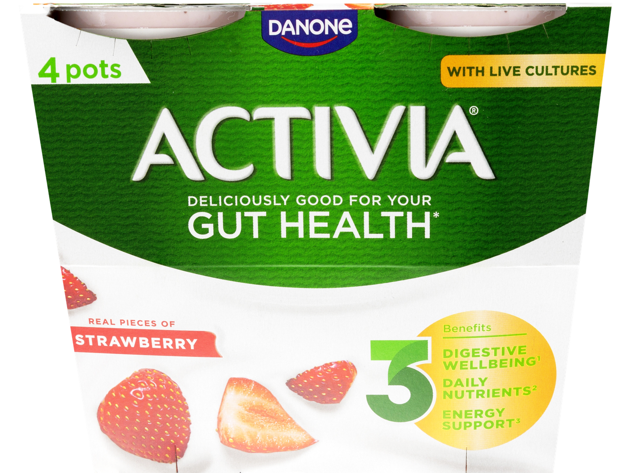 Danone Activia Strawberry Yogurt with 4 pots, promoting gut health and digestive wellbeing.