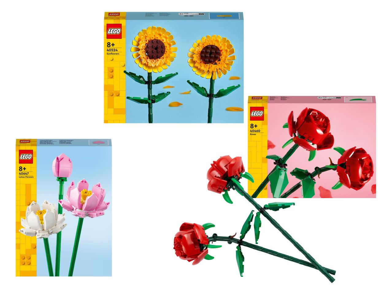 Drei Blumensträuße aus Bausteinen: Sonnenblumen, Rosen und Lotusblumen