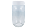 Um frasco de vidro transparente com tampa branca.