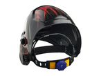 A black and red flame-designed welding helmet with adjustable headgear.